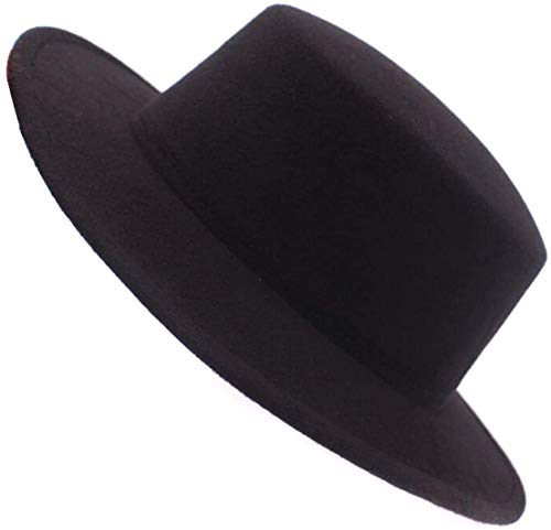 Klassischer Unisex-Fedora-Hut aus Wollmischgewebe, Flache Kirche, Derby-Kappe, breite Krempe, klassischer Pork Pie-Hut, perfekt für Hochzeit, Party, Talentshow, Performance, Schwarz, Schwarz, 22-23