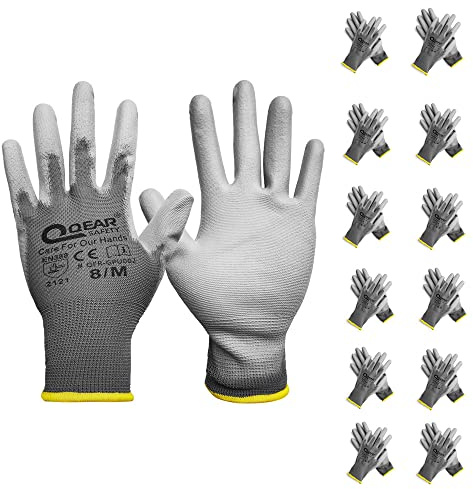 QEARSAFETY 12 Pairs PU Palm Coated Work Safety Gloves, Knitted Liner, Multi-Function, Light-Weight, Thin, Sensibility, Grip and Breathable for All Kinds Of General Purpose Works (9/L, Grey)