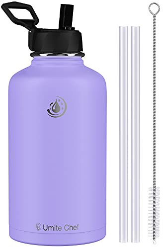 Umite Chef Edelstahl-Wasserflasche mit Strohhalm, 1814 ml, breite Öffnung, vakuumisoliert, Sport-Wasser-Thermoflasche mit auslaufsicherem, Strohhalm-Deckel, doppelwandige Thermosflasche (Lavendel)