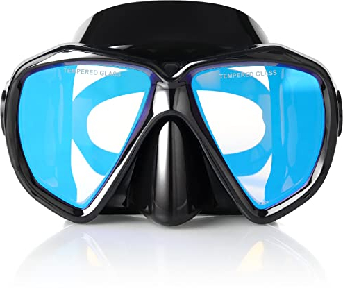 Taucherbrille für Erwachsene mit Anti-Nebel Schnorchelmaske, Schwimmmaske gehärtetem Glas und Nasenabdeckung zum Schnorcheln und Schwimmen (Schwarz (Blaue Linse))