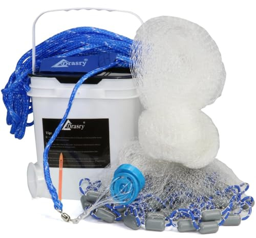 Drasry Saltwater Fishing Cast Net 3/8 and 1/4 Mesh with Heavy Duty Gray Sinker American Monofilament Fish Throw Net for Bait Trap 3FT 4FT 5FT 6FT 7FT 8FT 9FT Radius 3/8, 4FT Radius /120cm