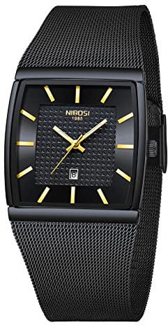 NIBOSI Men Watches Luxury Military Waterproof Sport Quartz Analog Square Wrist Watch for Men with Stainless Steel Mesh Band Date Calendar(Black)