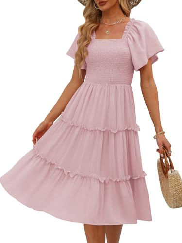 LILLUSORY Women Dresses Spring Summer 2026 Midi Graduation Bridal Baby Shower Casual Flowy Boho Sun Sundress Bridesmaid Brunch Cute Ladies Vacation Beach Smocked Teacher Clothes Outfits Pink M