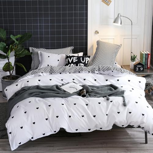 Freyamy Bettwäsche 135x200cm 4teilig Weiß Schwarz Herz Bettwaren-Sets Gebürstet Microfaser Weiche Wendebettwäsche Bequem Bettbezug 2 Bettdeckenbezüge mit Reißverschluss und 2 Kissenbezug 80x80cm