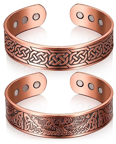 Otuuz 2 Pulseras Magnéticas de Cobre al 99,99% Brazalete de Cobre Ajustable de 3500 Gauss con 9 Imanes Pulseras de Imán de Cobre Sólido con Diseño de Árbol y Celta para Hombres y Mujeres, 2 Estilos