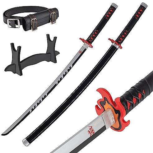 Demon Slayer Katana Schwert 105 cm/41 Zoll - Samurai Schwert Holz für Anime Cosplay - Bokken aus Bambusholz mit Gürtel und Ständer - Anime Schwerter Dekorative Requisiten - (Tanjiro Kamado)