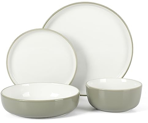 Sur La Table Kitchen Essentials 16 Piece Two-Tone Porcelain Chip and Scratch Resistant Dinnerware Plates and Bowls Set - Grey/White