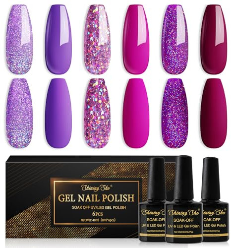 Shining She Gel Nail Polish Purple, 6 Colors Purple Rose Shimmer Glitter Gel Polish Kit Soak-Off UV/LED Nail Polish for Nail Art Salon DIY Home, 8ML