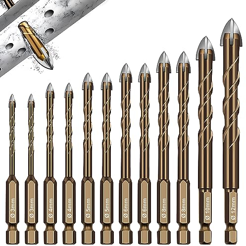 12 Piezas Brocas Porcelanico, Broca Ceramica Ø 3-12 mm, Juego Hexagonal Brocas para Azulejos, Metal, Pared, Ladrillo, Vidrio, Plástico, Madera