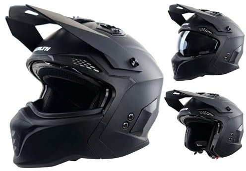 Motorcycle Crash Helmet Stealth Fighter ECE 22.06 Approved Multi Function Full Face & Open Face Helmet Removable Peak - Matt Black (Large)