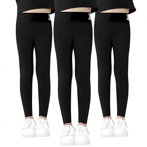 HOTUT Flickor leggings, 3-pack barn långa leggings, Sport Leggings Flickor, Leggings för Tjejer svart Byxor småbarn fotled längd byxor, flickor byxor unisex storlekar 7–14 år - 140CM