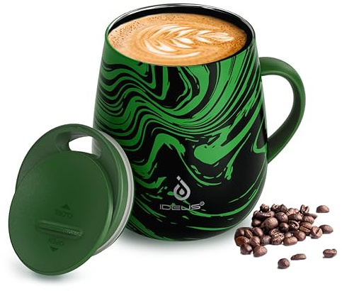 Ideus 460ml Insulated Coffee Mug with Lid and Handle (Green Zebra) | Double wall stainless steel; thermal cup; keeps drinks hot or cold; ideal for home office travel