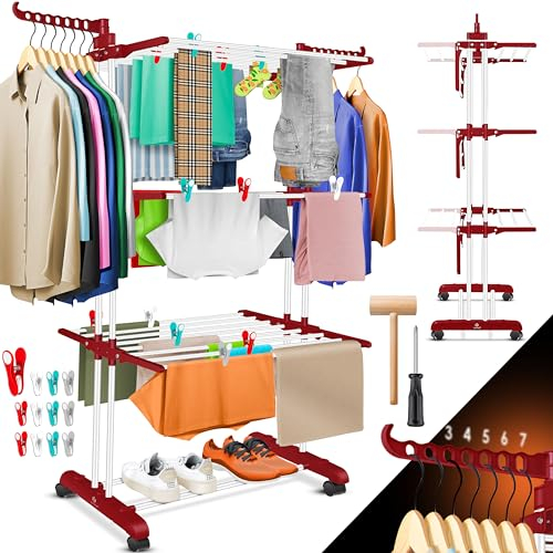 KESSER® Wäscheständer-Turm mit Rädern Platzsparender Wäschetrockner für Innen & Außen 4-Etagen 2 drehbare Seitenflügel und 6 klappbare Ebenen Standtrockner Wäscheturm Zusammenklappbar, inkl. Klammern