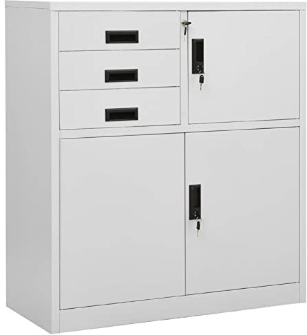 IKAYAA Armario Archivador de Acero 90x40x102 cm Con 3 Cajones, 2 Puertas y Llaves - Mueble Metálico Para Oficina, Gris Claro