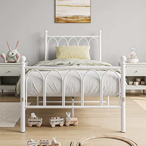 JELUTE Marco de cama individual de metal de 90 x 190 cm con cabecero y estribo, base resistente, soporte de listones de metal, color blanco