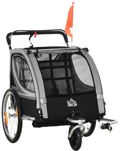 HOMCOM 2 in 1 Kinderanhänger klappbar Fahrradanhänger mit abnehmbarem Vorderrad, Hinterradbremsen, Kinderfahrradanhänger für 2 Kinder ab 18 Monate, bis 26,4 kg belastbar, Grau