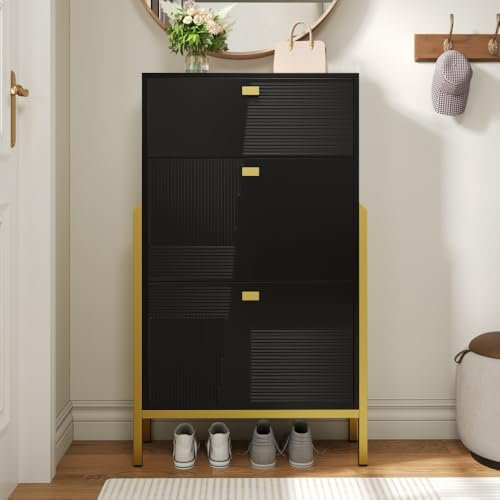 OCACA Schuhschrank, Schuhschrank mit Schubladen, Doppelschuhregal mit goldenen Griffen und Beinen Schuhschrank Schmal für Eingang, Schrank, Flur (Schwarz)