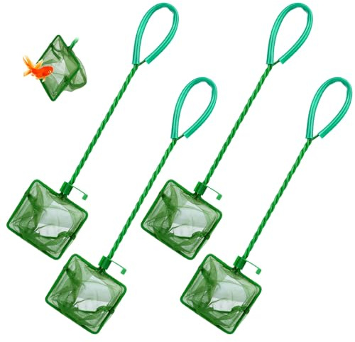 4 Pcs Aquarium Fishing Net,Small Fine Mesh Fish Tank Nets with 25cm Long Handle,Green Square Aquarium Nets for Catching Small Fishes/Shrimps,Cleaning Debris