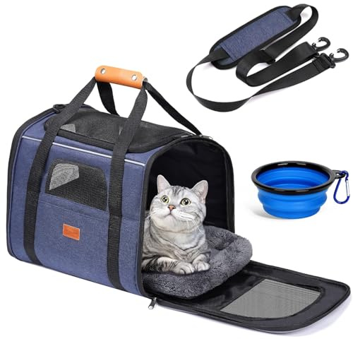 Morpilot Cat Carrier - Airline Approved, Top Opening Portable Dog Bag with Breathable Mesh/Removable Mat, Adjustable Shoulder Strap & Bowl, Foldable Travel Cage, M, Denim Blue (Max 7kg)