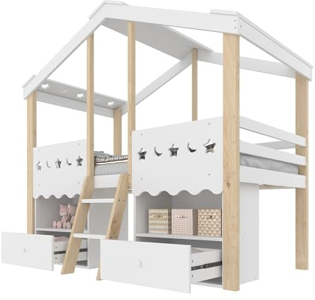 Azkoeesy Cama Infantil en Forma de casa, 90x200 cm, Estructura Baja, Cama Alta con cajones y estantes, iluminación led, Escalera, somier, para niña y niño, Color Blanco con Natural