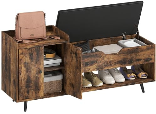 HOMCOM Banco Zapatero, Banco Recibidor Industrial, con Asiento Acolchado, Compartimento Oculto, Estantes, Puertas, Estante Abierto para 3 Pares de Zapatos, para Entrada, 127x35x59 cm, Marrón Rústico