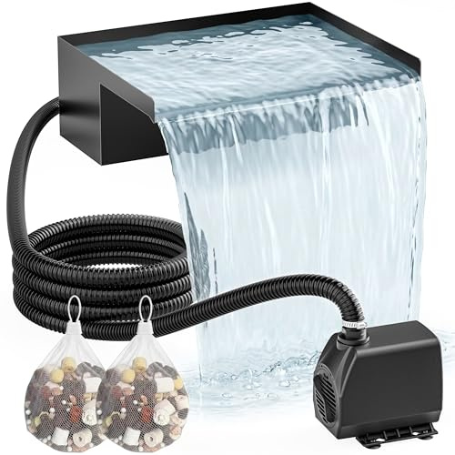 PONDIA Kit de Cascada para Estanque 30 cm: Conjunto de Desagüe Cascada en Acero Inoxidable 304, Bomba 2500 L/h, Manguera Antihielo 3 m y Cable 5 m – Kit Fuente Completo