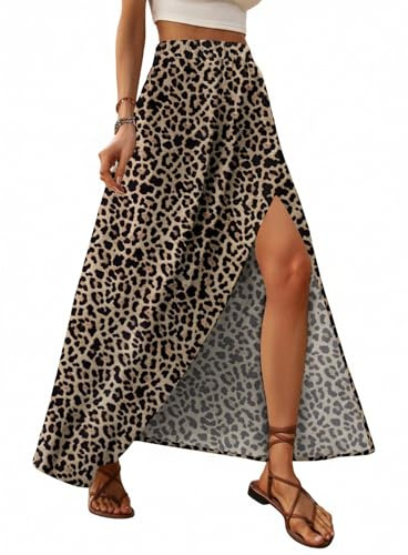 Zeagoo Gonne Lunga con Spacco Donna Estiva Leopard Gonna Elasticizzata Maxi Gonna Stampato Gonne da Spiaggia Eleganti Skirt Leopardata L