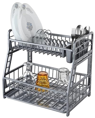 2-Tier Plastic Plated Dish Drainer Rack Glasses Crockery Cutlery Utensil Drainer with Drip Removable Tray (Silver)