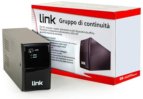 LINK LKUPS650 gruppo di continuità UPS 650VA/390Watt con custodia in metallo e protezione dati per PC e dispositivi elettronici, ricarica automatica offline, dimensioni compatte 34x14x22 cm