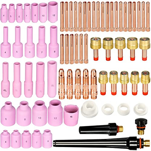 Alffun 67pcs TIG Gas Lens Back Cap Collet Body Assorted Size Kit Alumina Nozzle Fit TIG Welding Torch SR WP17 18 26