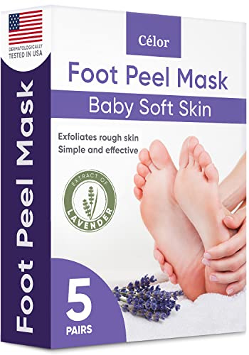 CÉLOR Foot Peeling Mask for Dry Cracked Feet | Foot Mask to Exfoliate Rough, Cracked, Dry Feet, Calluses for Soft Baby Feet Results | Made with Aloe Vera Extract for Women & Men (5 Pairs) | Lavender