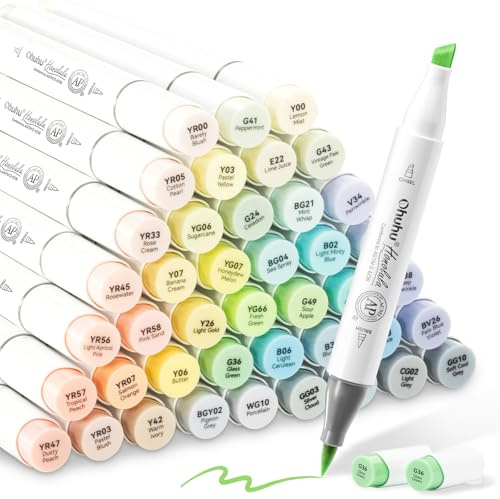 Ohuhu Marqueurs Pastel 48 couleurs, pointe double face pour feutre a alcool grossier, pour dessins et bandes dessinées, pinceaux fins pour croquis, calligraphie