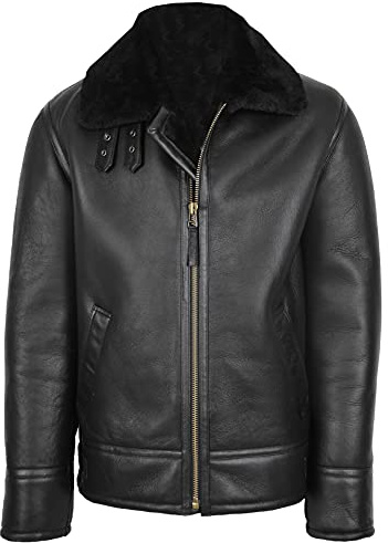 Mens Shearling Aviator Leather Jacket Sheepskin Coat Oscar Black