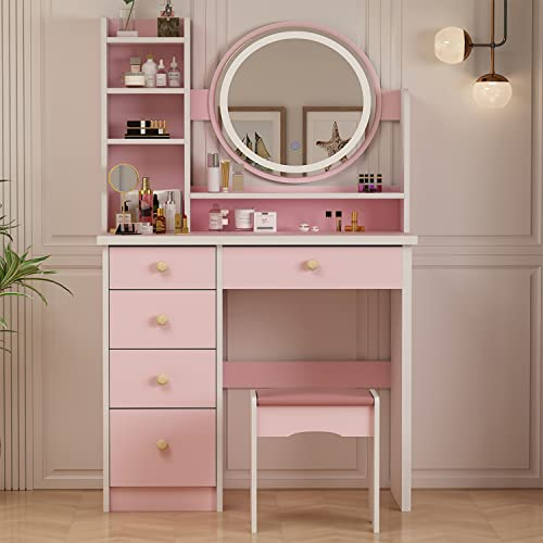 Caldion Schminktisch mit Spiegel und 3 LED-Beleuchtung, Kosmetiktisch mit 5 Schubladen, Frisiertisch mit Regalen, Kosmetikkommode und gepolstertem Hocker-Set, 80x40x135 cm