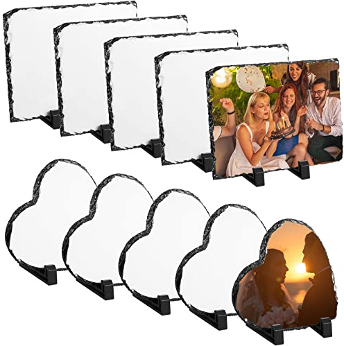 Sasylvia 10 Pcs Sublimation Slate Blanks Rectangular Heart Slate Rock Stone Photo Frame with Display Stand Sublimation Blank for Valentines Wedding Gifts Desktop Souvenir, 7.9 x 5.9, 5.9 x 5.9