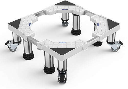 DEWEL Base de Réfrigérateur Réglable longueur 41–59 cm hauteur 16-20 cm Base de Réfrigérateur pour Sèche-linge Frigo Lave-vaisselle avec 4 pieds et 4 roues, Charge 300 kg