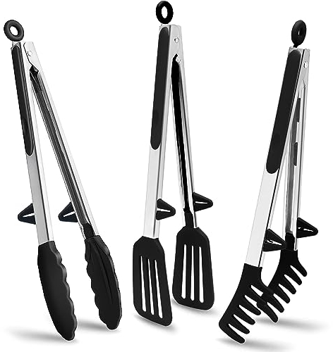Edelstahl Küchen zangen mit Silikonspitzen, 3 Stück 30cm Grillzange Kochzange küchenzange für Salat, Kochen, Grillen, Schwarze