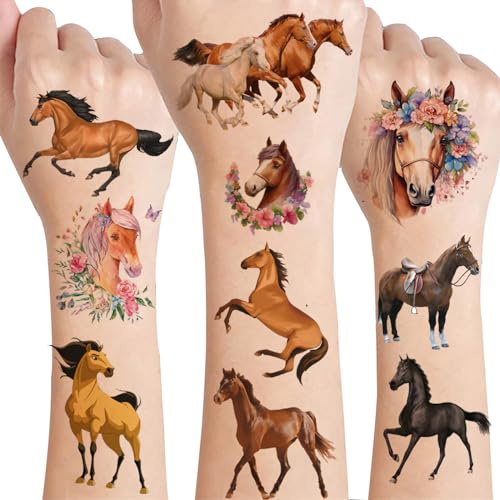 Drookaen tatuering barn, 8 ark hästtatueringar för flickor pojkar tatoos, hästar leksaker, vattentäta barntatueringar klistermärken, hästar flickor presenter från 5 6 7 8 9 10 11 12 år