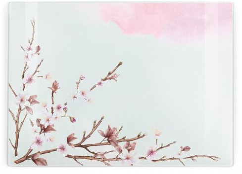 Tabla de cortar de cristal para cocina, diseño de flor de cerezo, rectangular, grande, protector de encimera, tabla lisa, tabla de cortar de cocina, protector de encimera con pies antideslizantes, 39