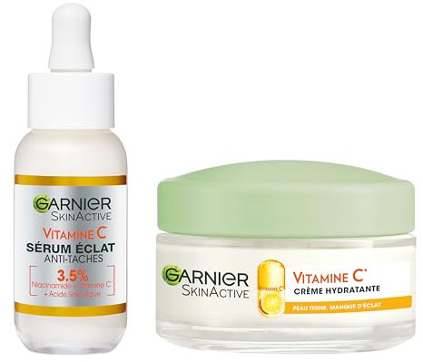 GARNIER Skin Active - Routine Éclat Quotidien - Sérum Éclat Anti-Taches Brunes + Crème Hydratante Bio - Formules Enrichies en Vitamine C, Acide Salicylique & Niacinamide - Peau Sèche & Terne