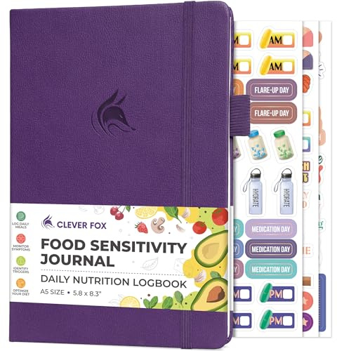 Clever Fox Food Sensitivity Journal – daglig intolerans och symptomlogg för IBS, diabetiker, låg kostkarta, elimineringsdiet – hälsospårare (lila)