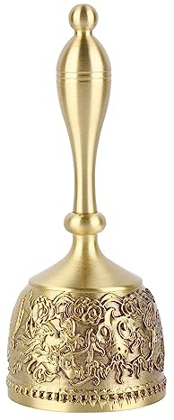 Versatile Pure Brass Hand Call Bell 4.7in with Curved Handle and Exquisite Carved Pattern for Wedding Party Family Bar School Reception Home Decoration