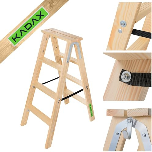 KADAX Klappbare Holzleiter, 4-stufige Malerleiter mit Stahlhaken, Stehleiter für Haushalt und Garten