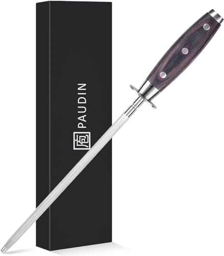 PAUDIN Razor Sharp Acciaio bagnato per coltelli Affila 25 cm, acciaio temprato, smerigliatrice per coltello ad alta qualità con manico in legno ergonomico per anelli precisi e nitidezza a lunga durata