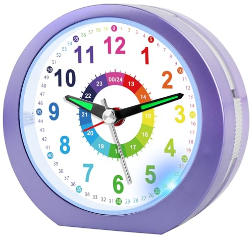 Ayybboo Wecker Kinder Ohne Ticken mit Snooze und Nachtlicht,Kinderwecker Batteriebetrieben Lernwecker für Jungen und Mädchen,Quarz Analog Wecker für Kinder (Lavendel)