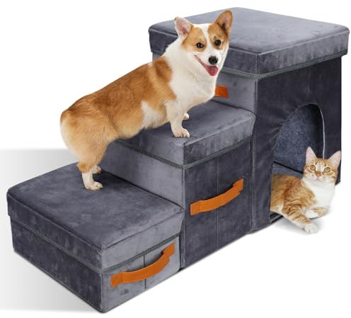 Thihome Haustiertreppe 3 Stufen, Faltbare Hundetreppe mit Aufbewahrungsbox und Katzenloch, Hunderampe mit Waschbarem, Hunde Treppe Katzentreppe für Bett und Sofa