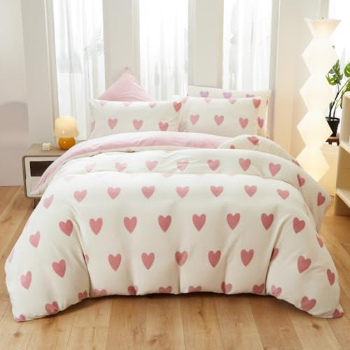 Covebett Biancheria da letto invernale in flanella, 200 x 220 cm, con cuori rosa e bianco caldo, in flanella, 3 pezzi, in morbido pile e 2 federe 80 x 80 cm, con chiusura lampo