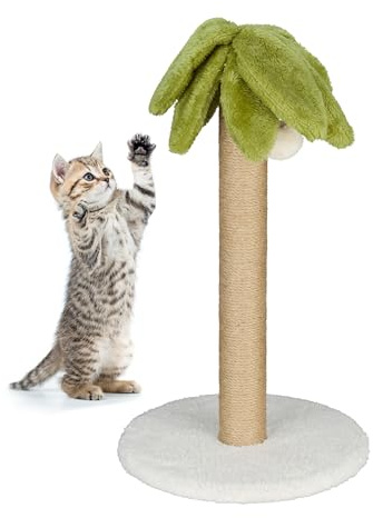 Relaxdays Rascador para Gatos, Diseño Palmera, 54x31 cm, con Bolita, Cuerda Lino, Árbol para Afilar Garras, Multicolor, Tablero de Fibras