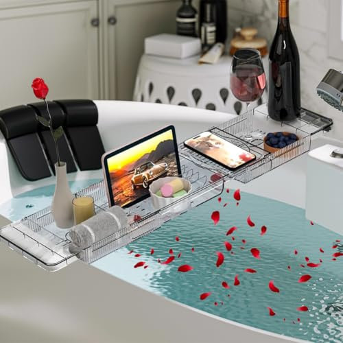Badewannenablage aus Acry, Verstellbares Badewannenbrett, Badewannenablage Ausziehbar Badewannenhalter, Badewannenbrett Mit Tablet & Handyhalter, Badewanne Ablagebrett, Transparente Badewannen Zubehör