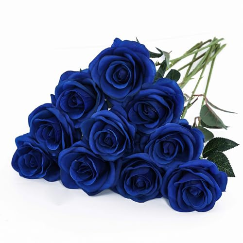 LEUCHTAMOR 10 rose artificiali, 54 cm, finte rose di seta, gambo lungo, realistiche, per fai da te, bouquet da sposa, composizioni, feste e decorazioni per la casa (blu reale)